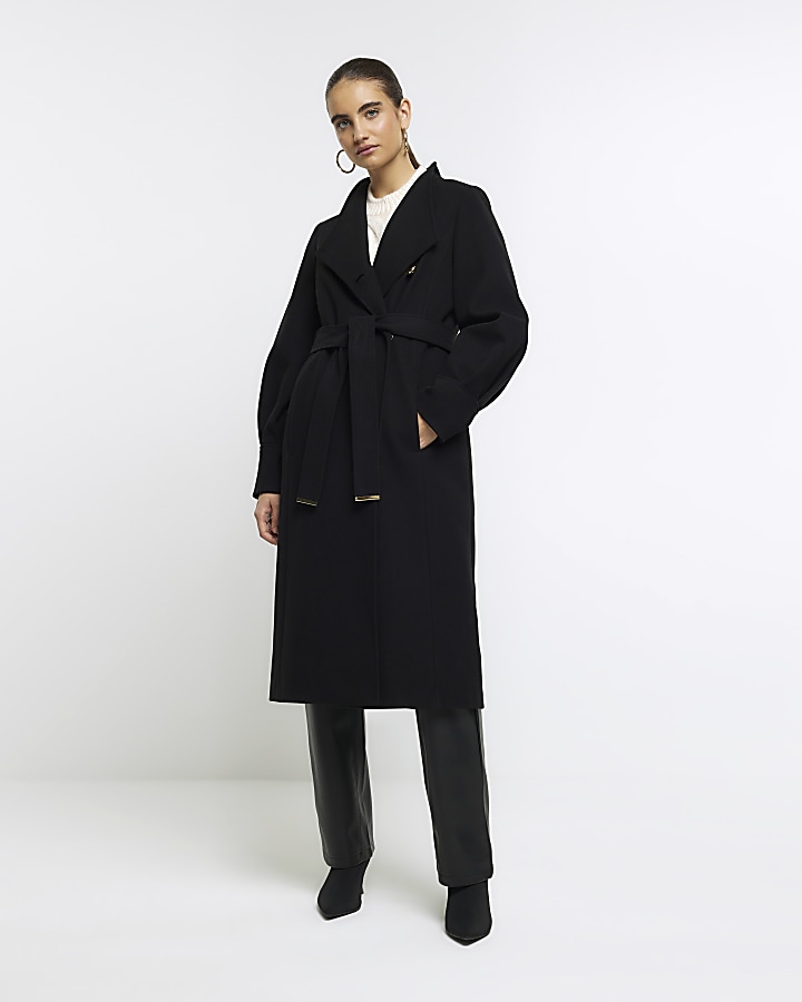 Black belted shop wrap coat