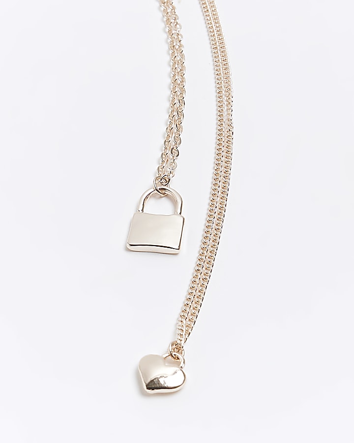 Rose gold heart and lock multirow necklace