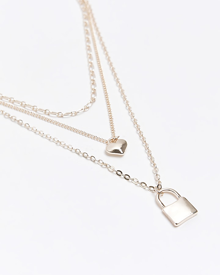 Rose gold heart and lock multirow necklace