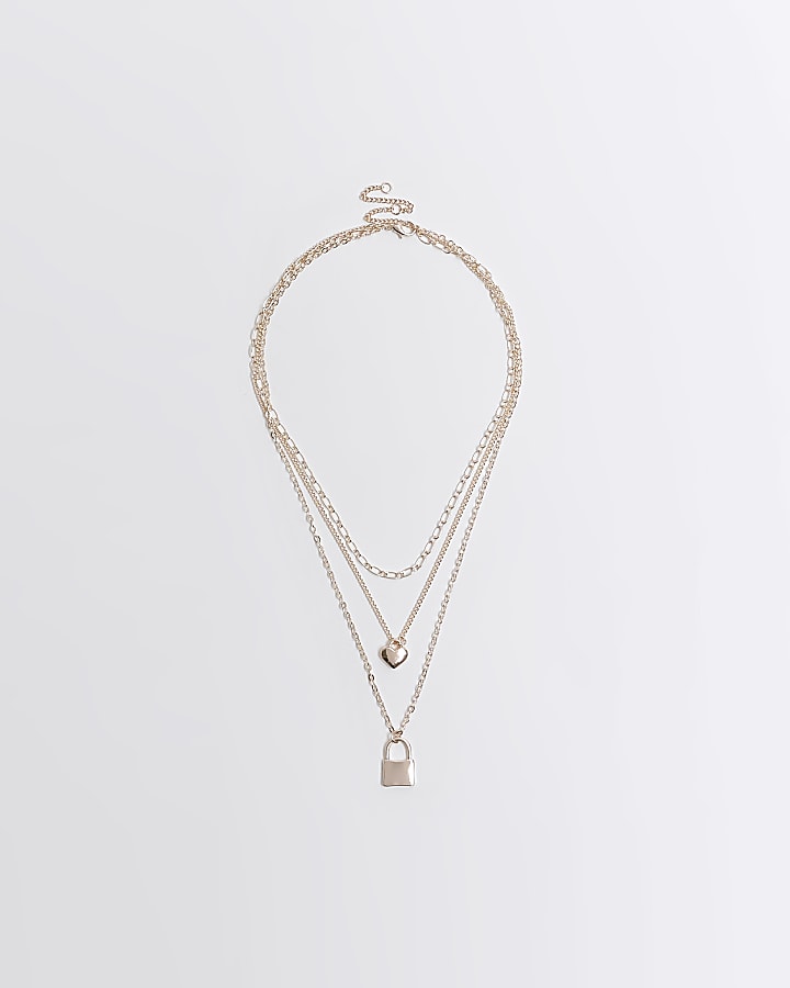 Rose gold heart and lock multirow necklace