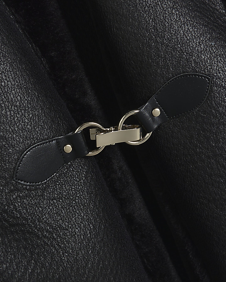 Black faux leather duffle aviator jacket