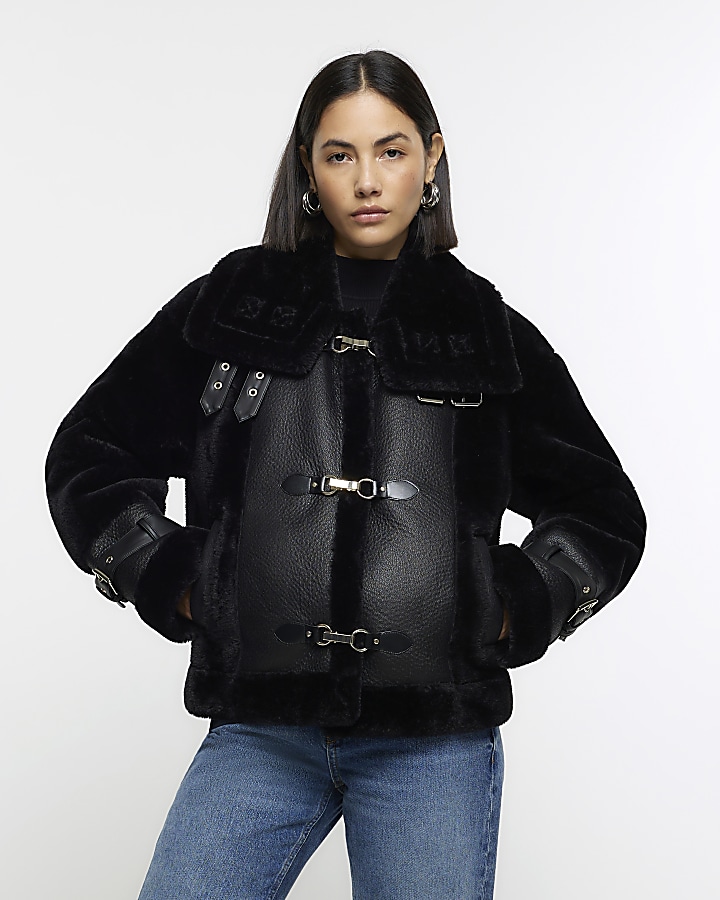 Black faux cheap fur aviator jacket