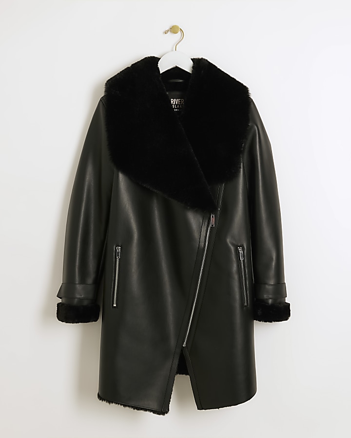 Black faux leather shearling jacket
