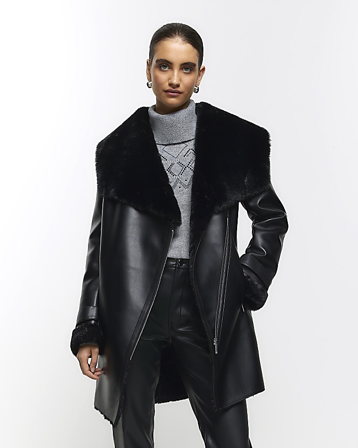 Black faux leather shearling jacket