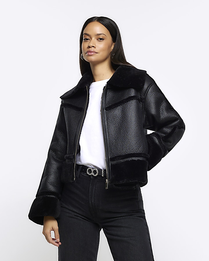 Black faux leather cheap jacket river island