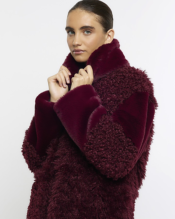 Red patchwork faux fur coat River Island