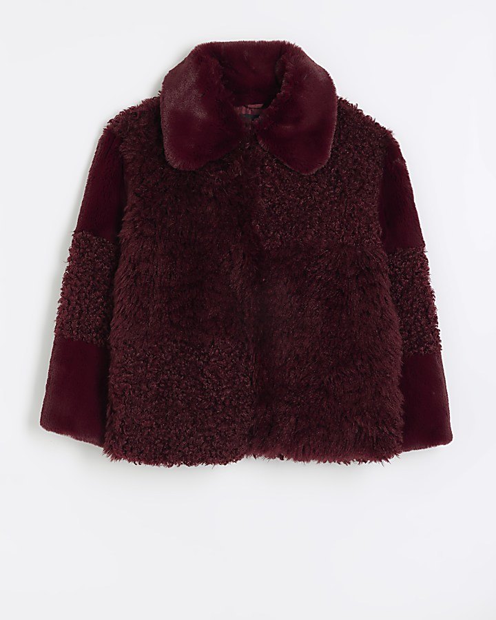 Red patchwork faux fur coat