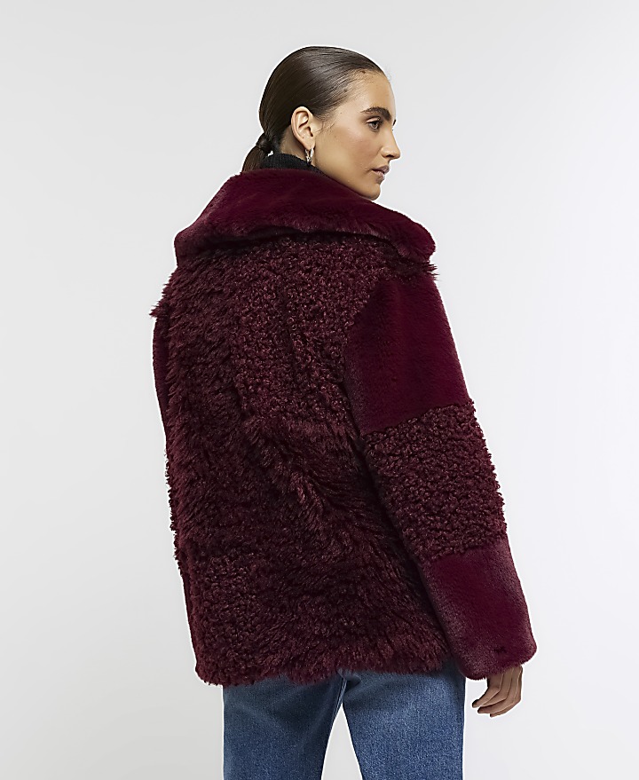 Red patchwork faux fur coat River Island