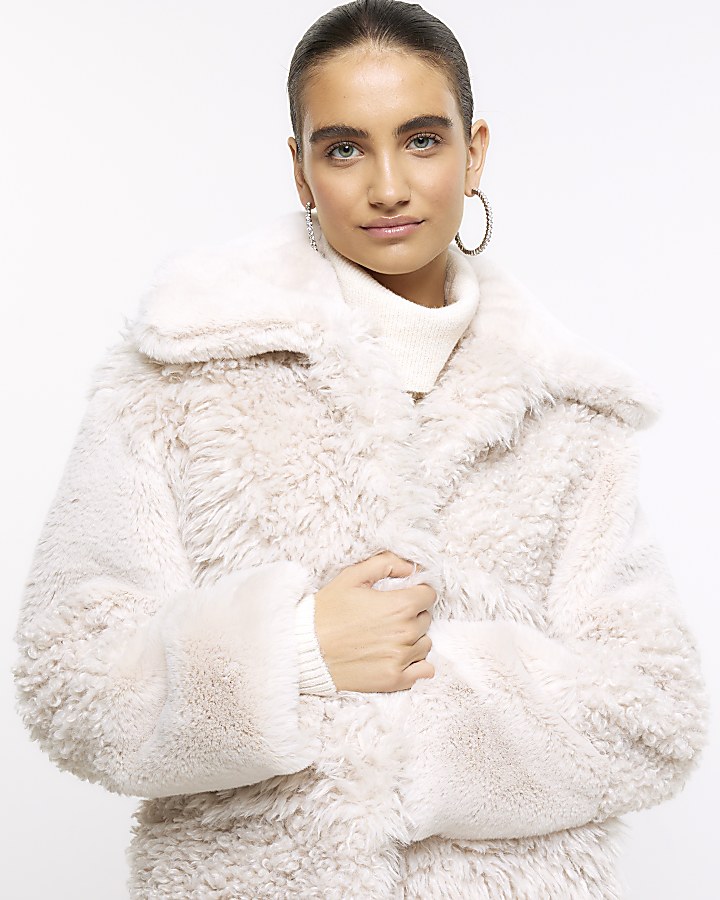 Cream patchwork faux fur coat