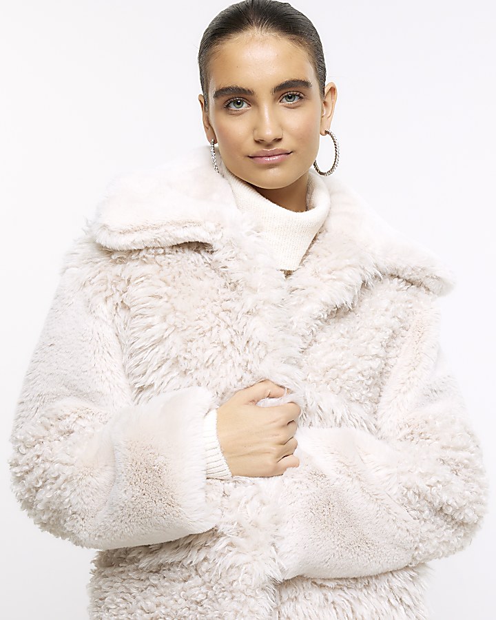 Cream patchwork faux fur coat River Island
