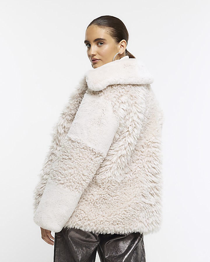 Cream patchwork faux fur coat River Island