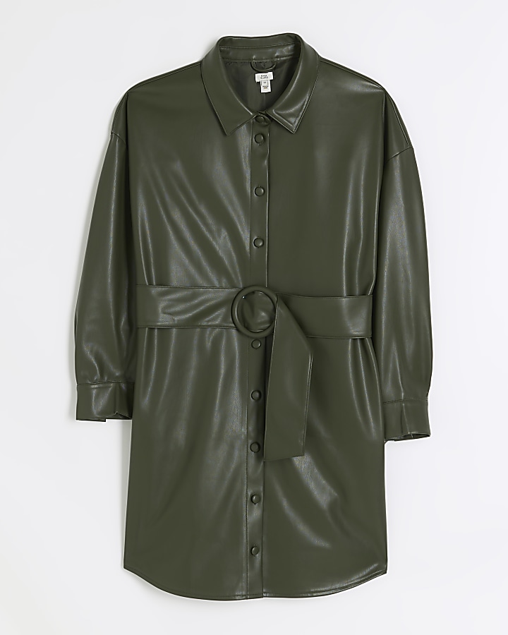 Khaki faux leather belted mini shirt dress