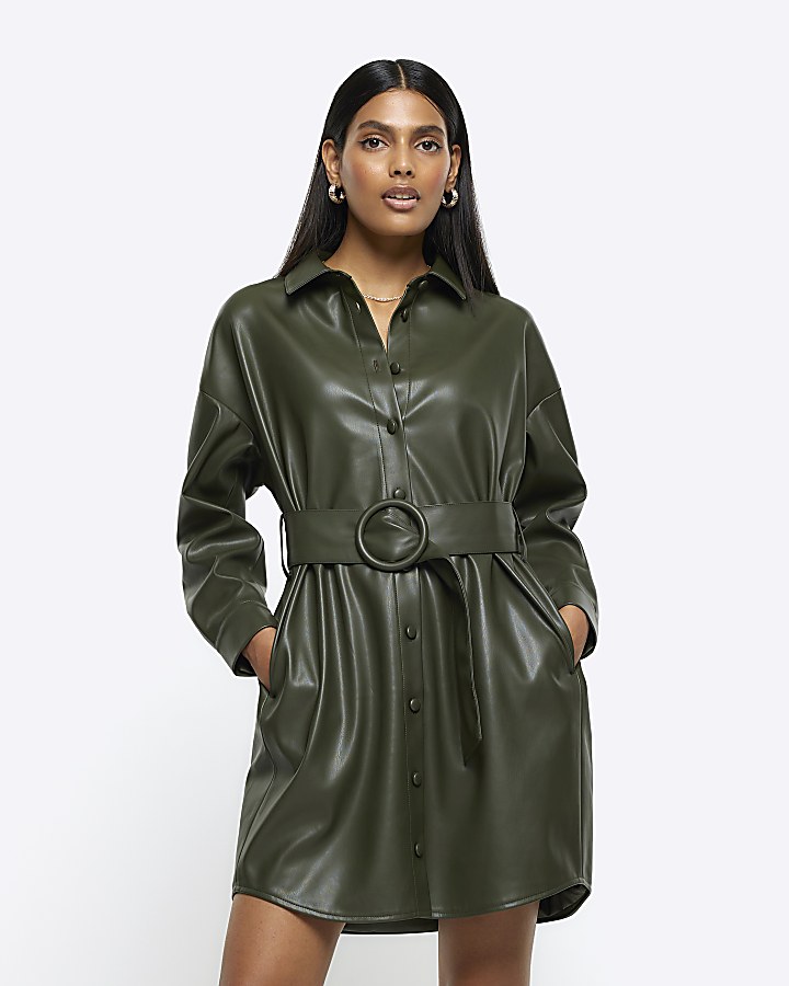 Khaki faux leather belted mini shirt dress