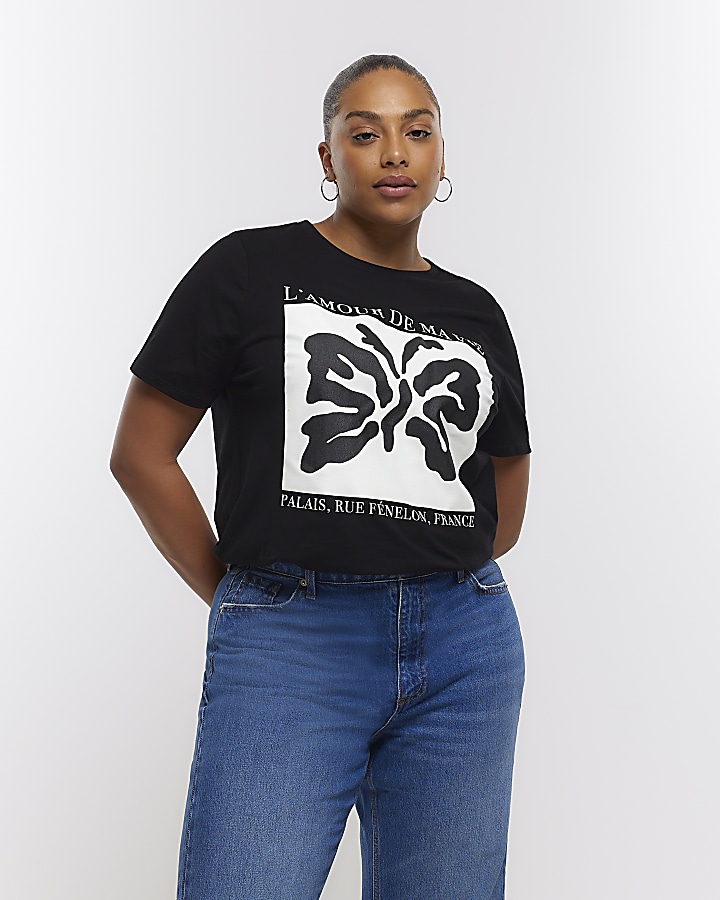 Plus black butterfly print t-shirt