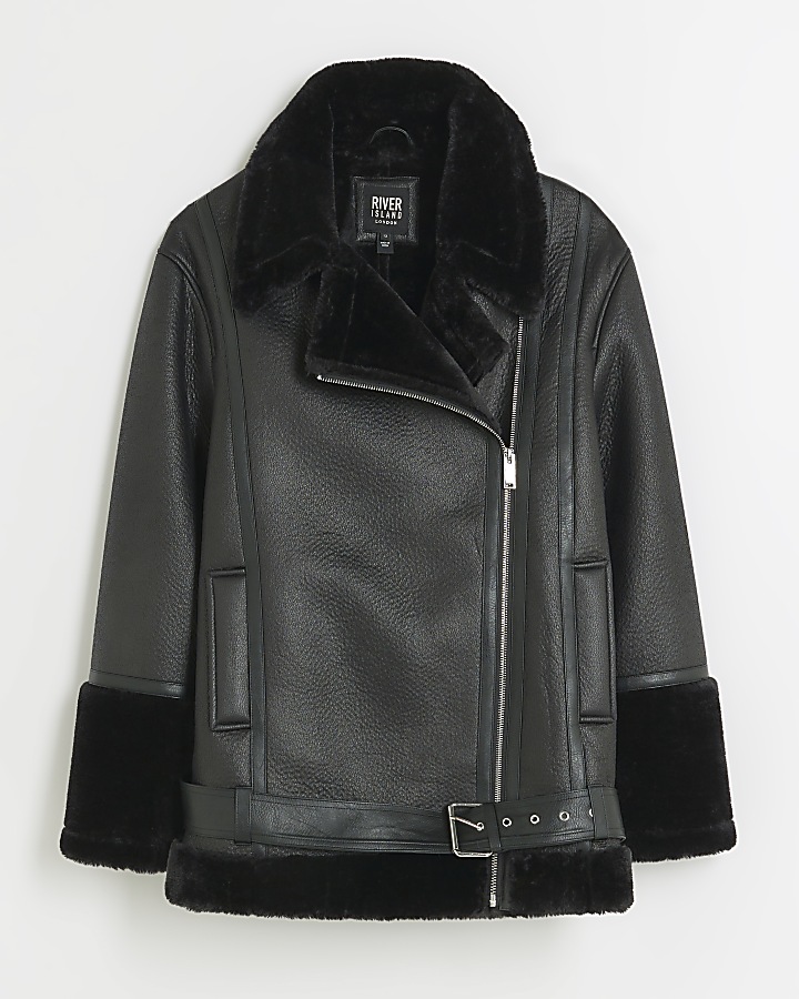 Black faux leather belted aviator jacket