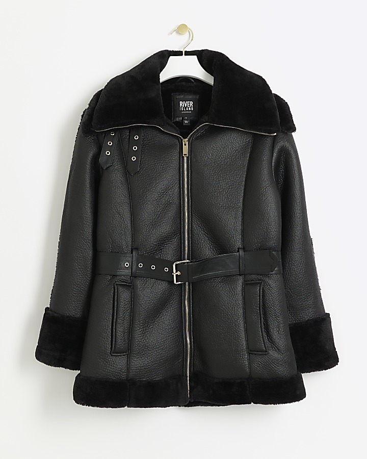Black faux leather belted aviator jacket