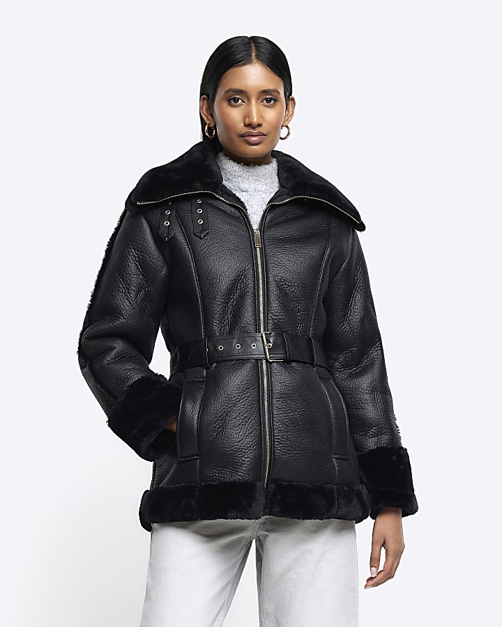 Premium black zip detail aviator jacket hot sale