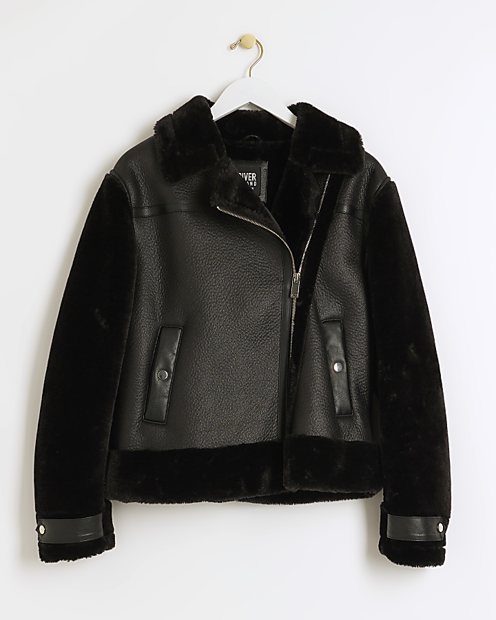 Black faux fur sleeve aviator jacket