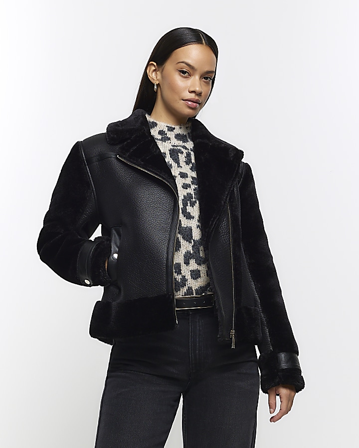 Leather jacket with on sale faux fur sleeves