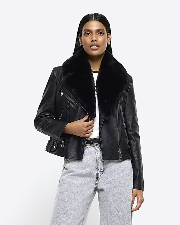 Black faux outlet fur biker jacket