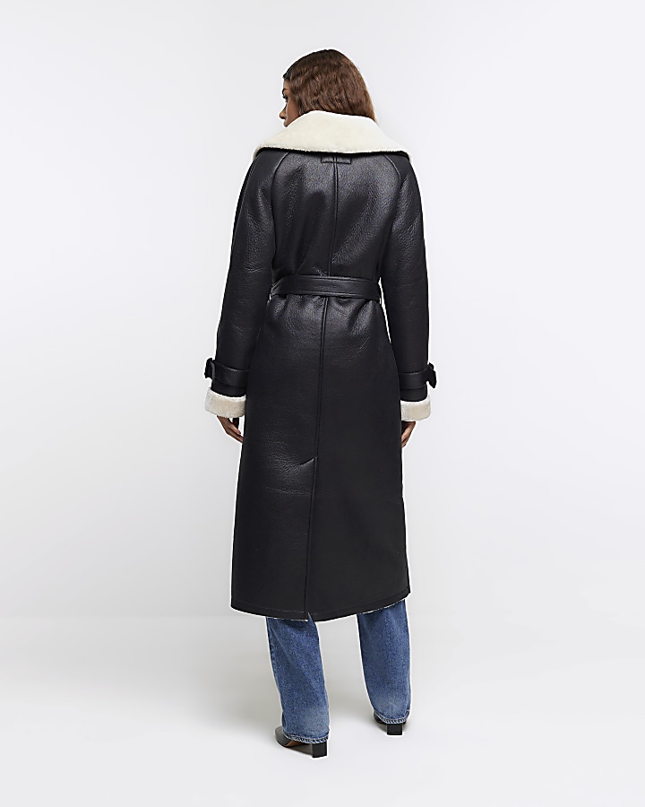 Black belted shearling trench coat