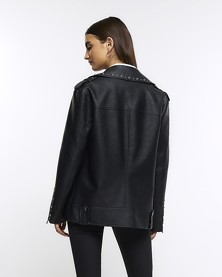 Black faux leather oversized biker jacket