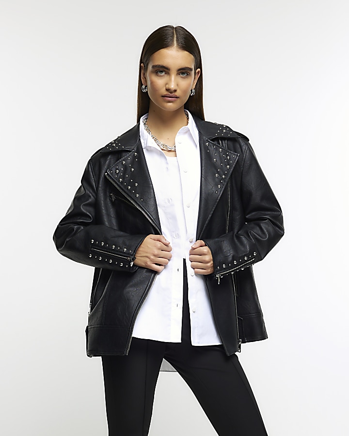 Black faux leather oversized biker jacket | River Island