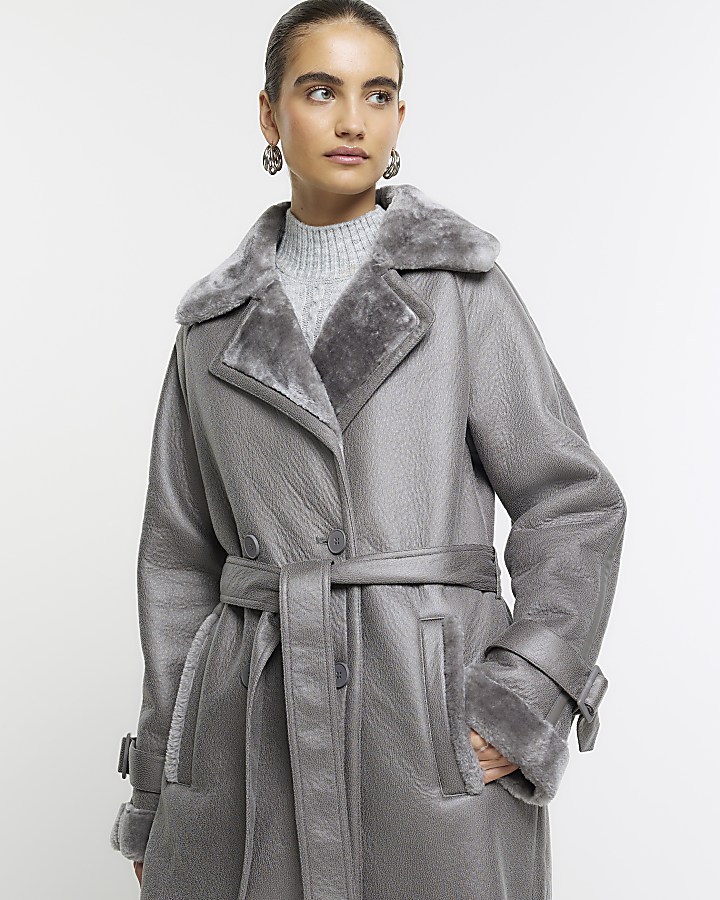 Grey belted shearling trench coat