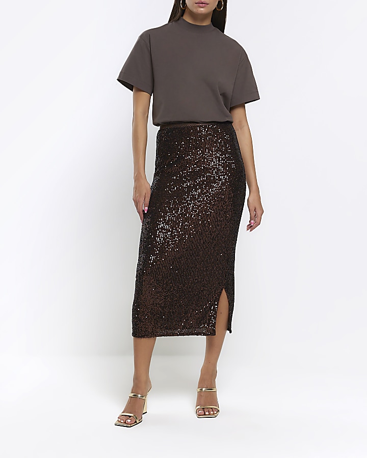 Brown sequin midi skirt River Island