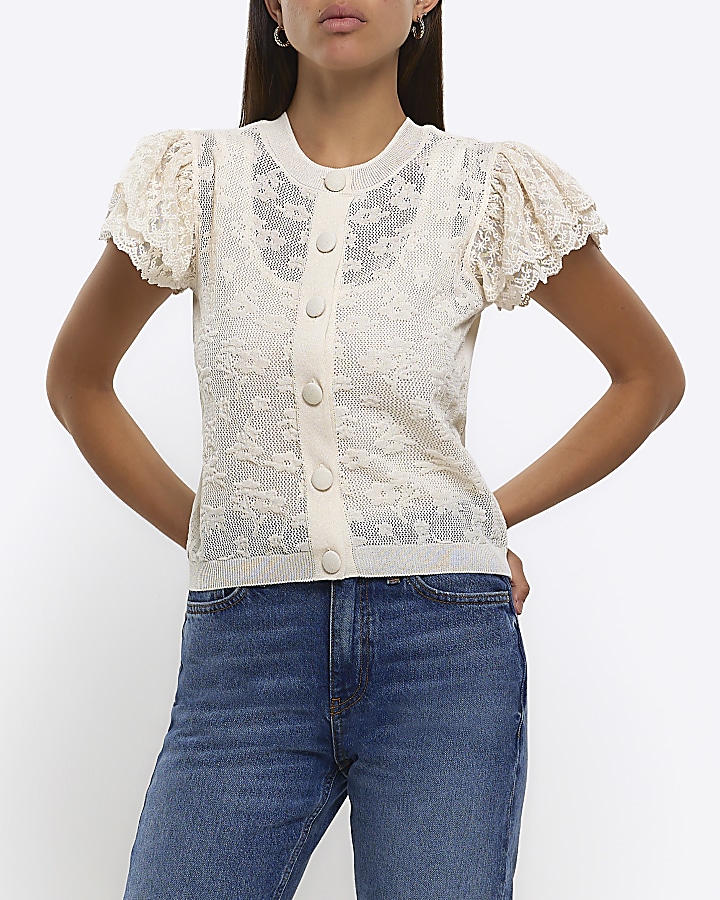 Cream lace frill sleeve blouse