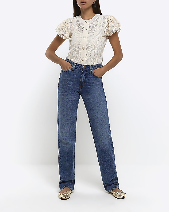 Cream lace frill sleeve blouse | River Island