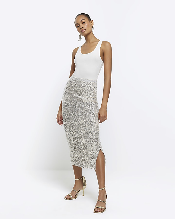 Silver sequin midi skirt River Island