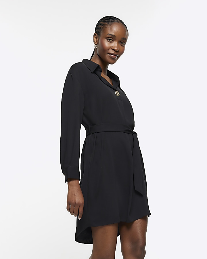 Black belted mini shirt dress