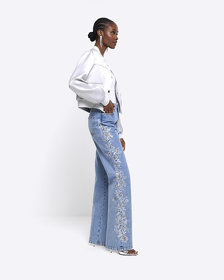 Blue embroidered relaxed straight jeans