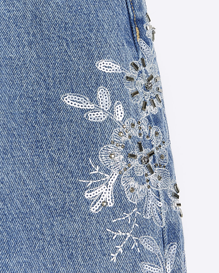Blue embroidered relaxed straight jeans | River Island