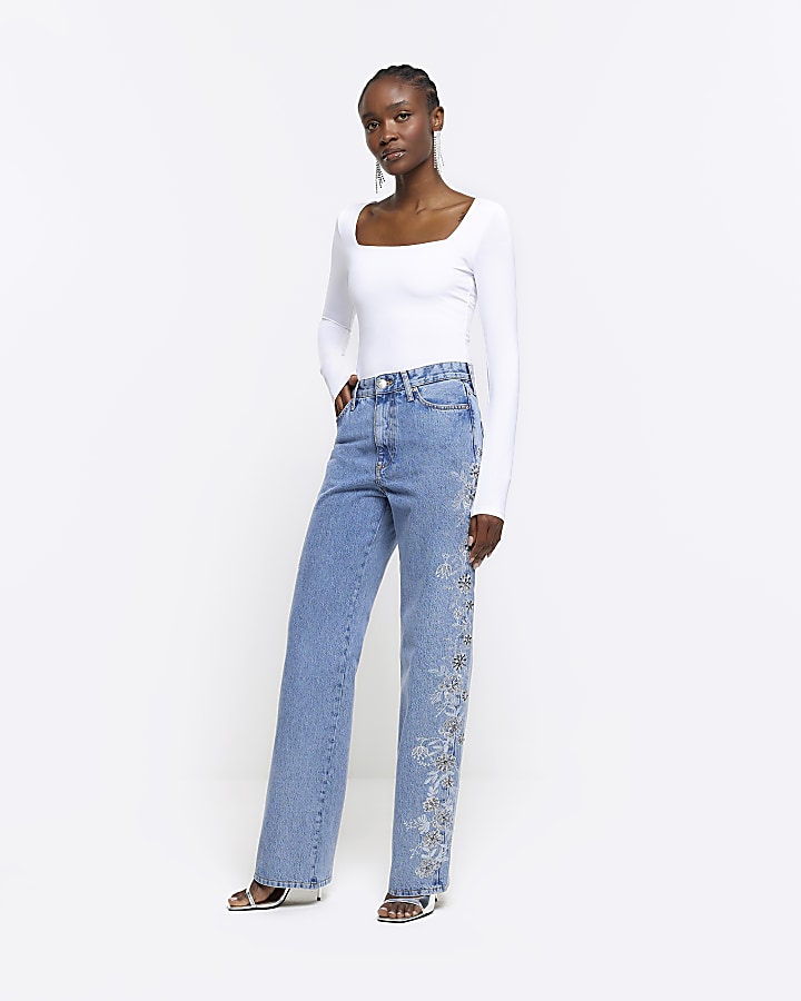 Blue embroidered relaxed straight jeans