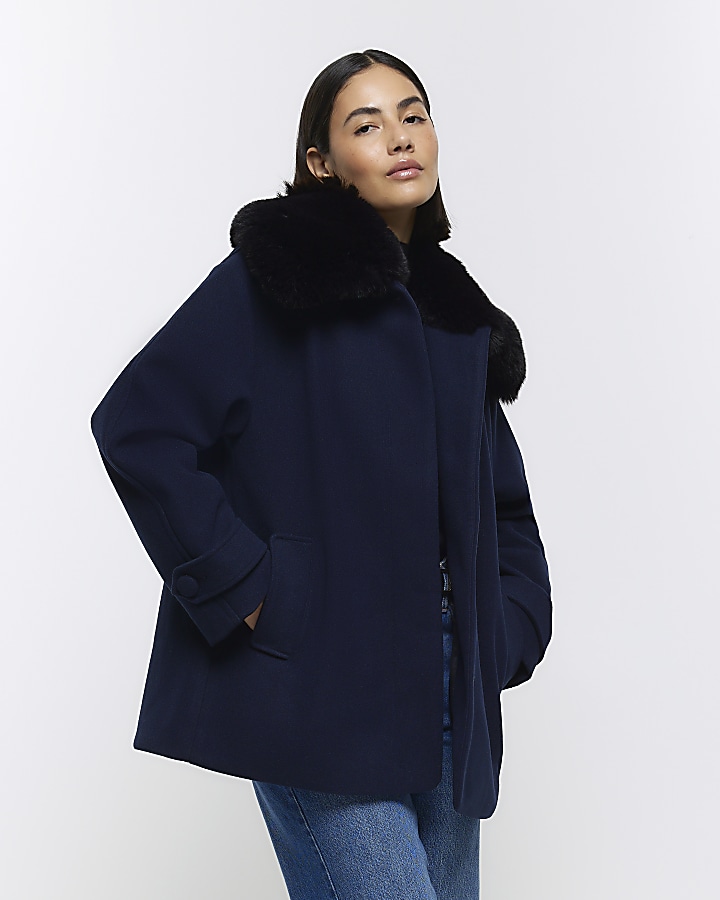 Navy faux fur collar swing coat