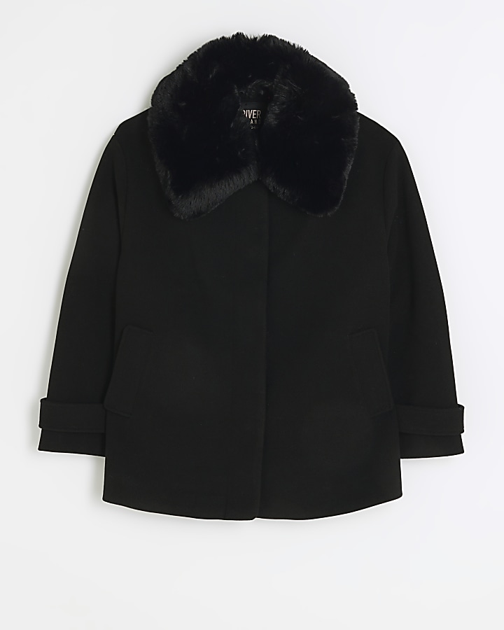 Black faux fur collar swing coat | River Island