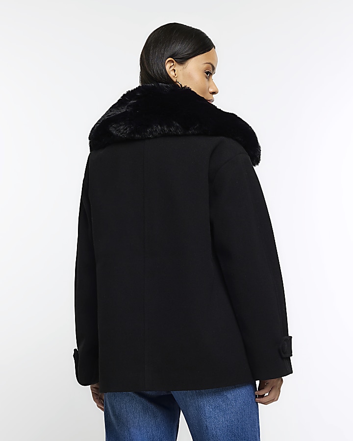 Black faux fur collar swing coat