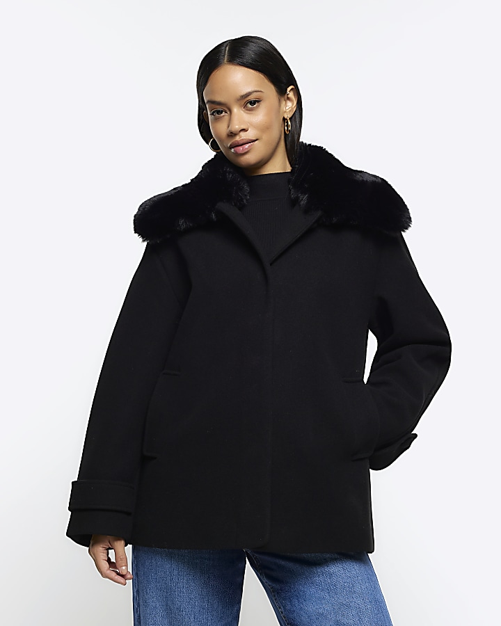 Black faux fur collar swing coat