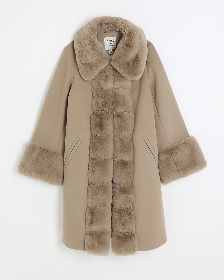 Brown faux fur trim coat