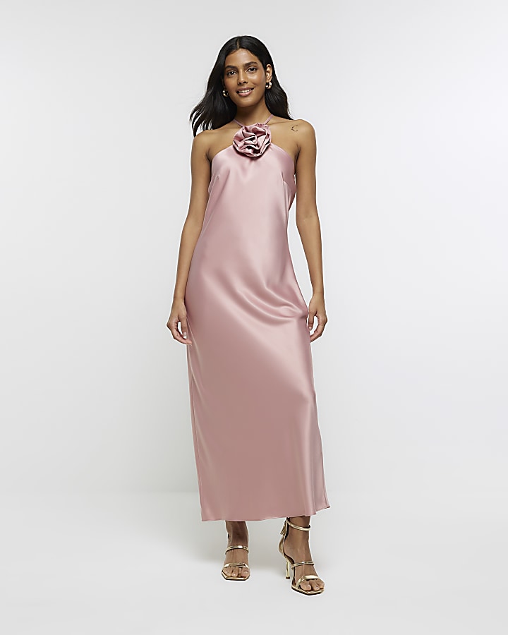 Rose satin cheap midi dress