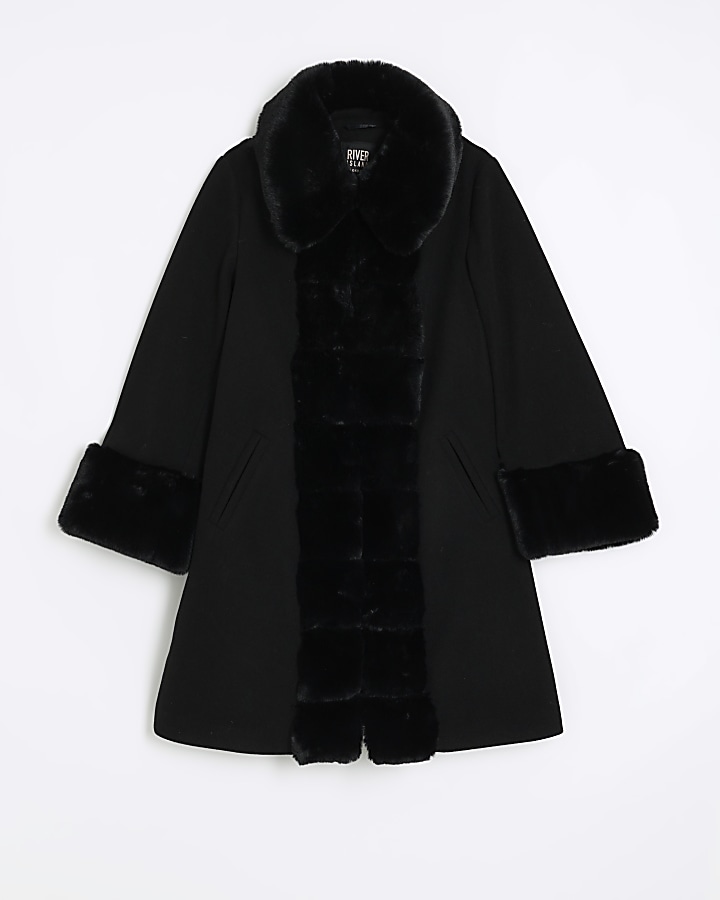 Black faux fur trim coat