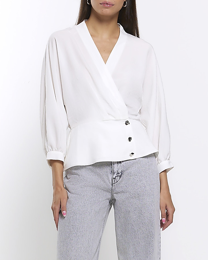 White long sleeve wrap blouse