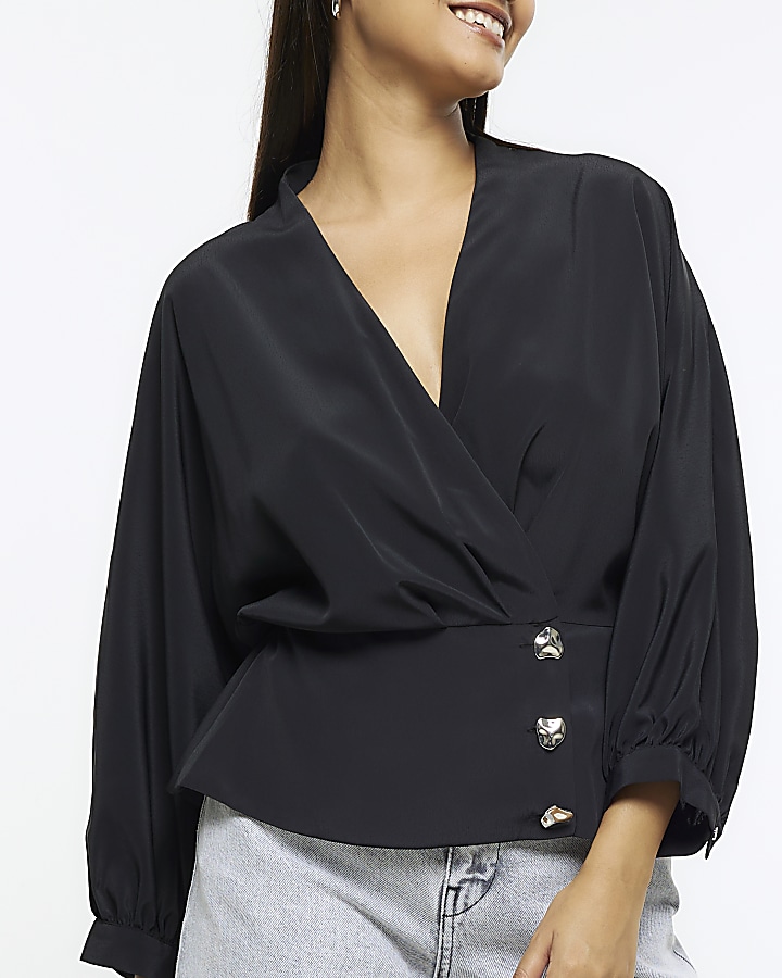 Black long sleeve wrap blouse