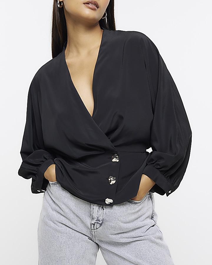Black long sleeve wrap blouse