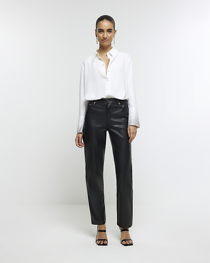 White satin diamante cuff shirt | River Island