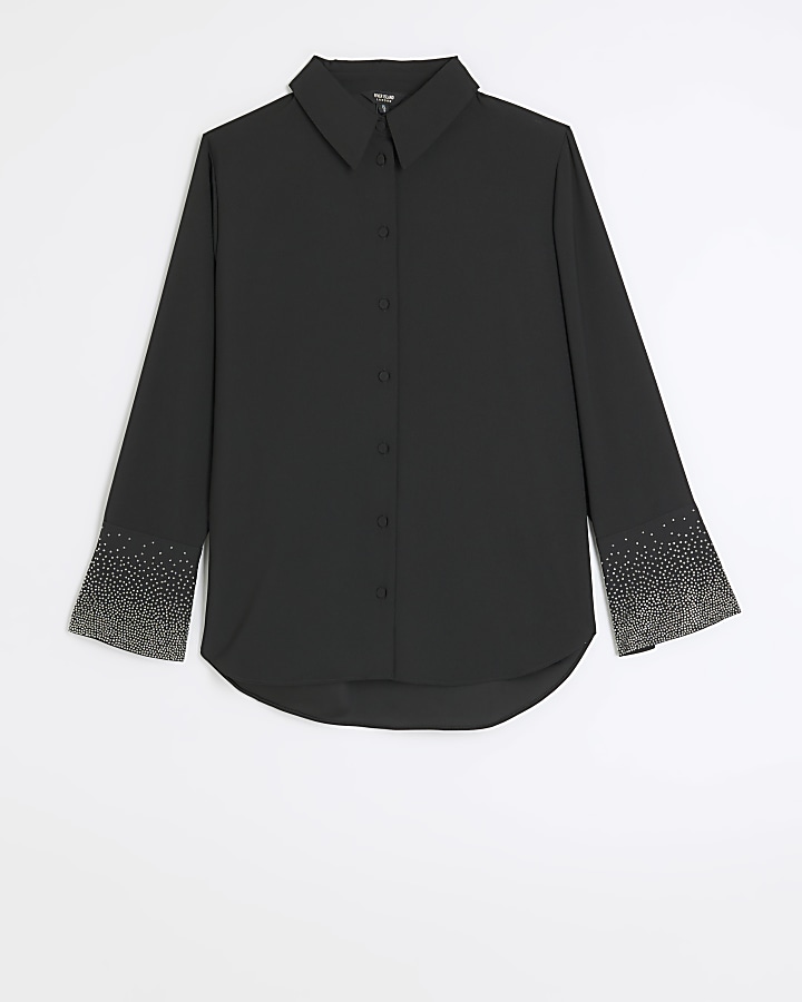 Black satin diamante cuff shirt | River Island