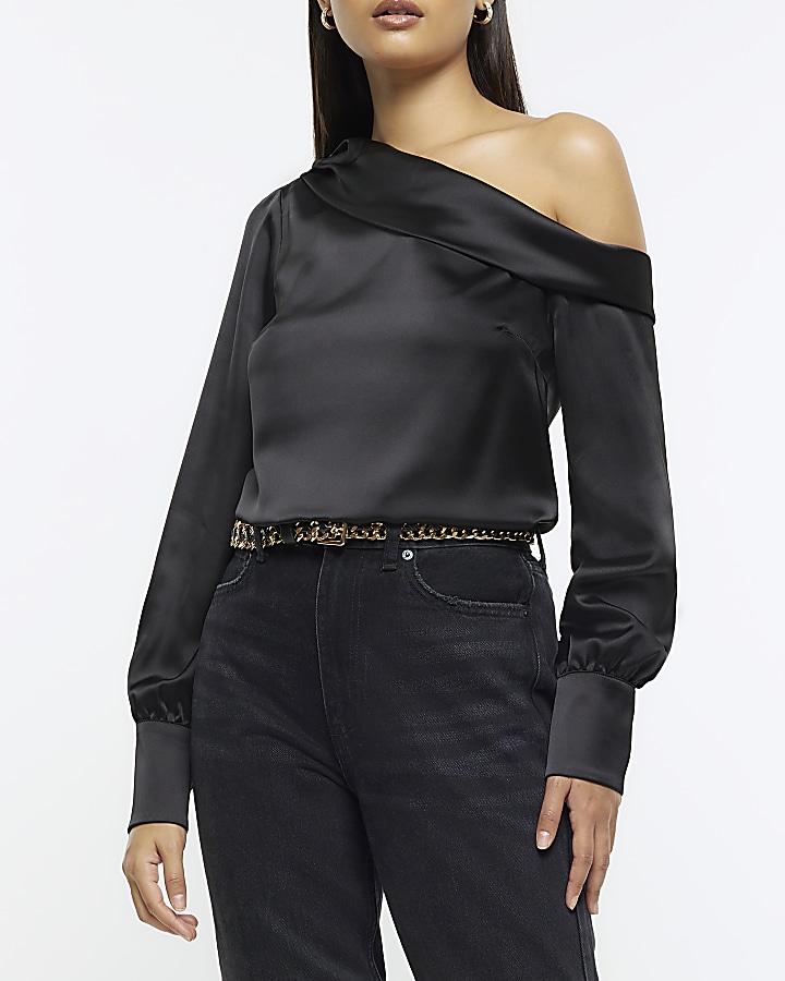 Black satin off shoulder 2024 top