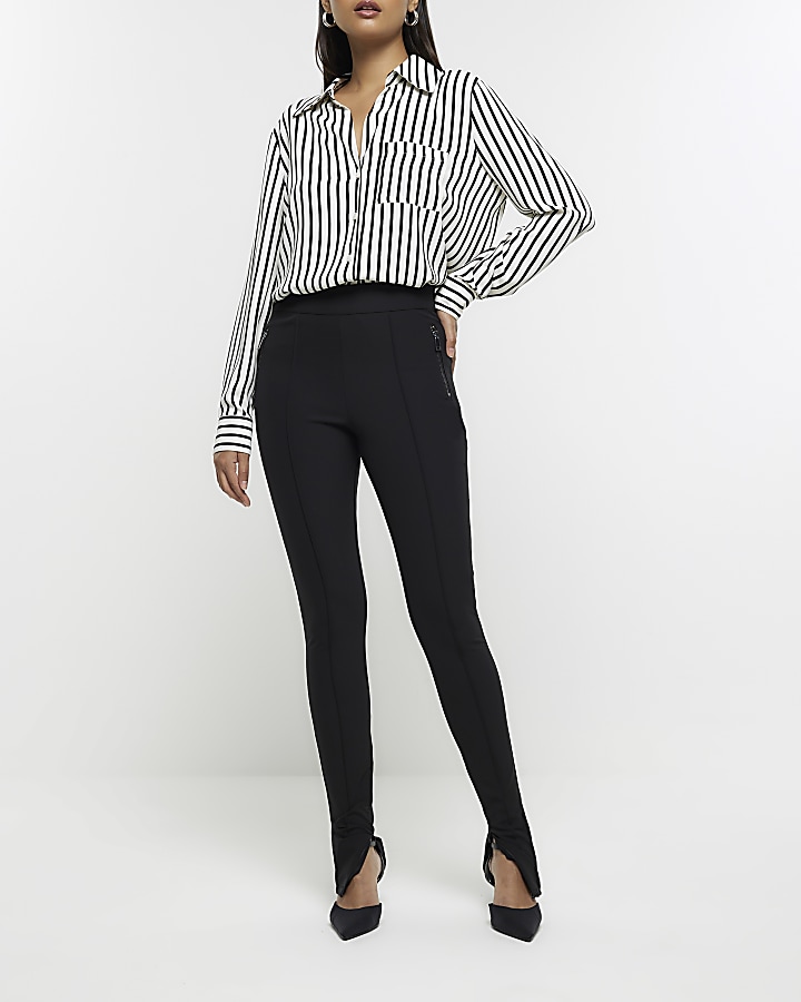 Black stripe long sleeve crepe shirt